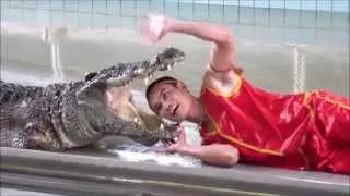 Extreme Close-Up Of Man's Head In Crocodile's Mouth