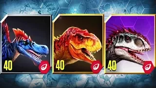 SPINOSAURUS,TYRANNOSAURUS REX,INDOMINUS REX MAX LEVEL 40 - Jurassic World The Game