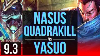 NASUS vs YASUO (TOP) | Quadrakill, KDA 14/3/6, Legendary | EUW Grandmaster | v9.3
