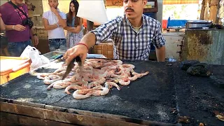 Рыбный рынок в Египте, Хургада. Как жарят креветки на гриле на рыбном рынке. Hurgada. Fish market
