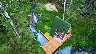 Building COZY A-frame HOUSE on the RIVER bank with a beach. Start to finish 1 year in 40 minutes.