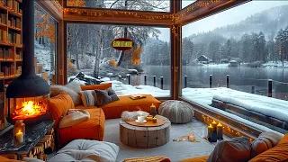 Cabin Lakeside Porch Ambience ☕Snowfall with Smooth Jazz Music & Fireplace Sounds to Relaxing, Study