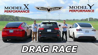 Jeep Trackhawk vs Tesla Model Y Performance vs Tesla Model X Performance // DRAG & ROLL RACE