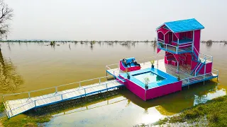 70 Days We Build Modern Bamboo Resort House With Swimming Pool, Seating Table & Bamboo Bed On Water