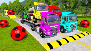 Double Flatbed Trailer Truck vs Speedbumps Train vs Cars | Tractor vs Train Beamng.Drive 0634