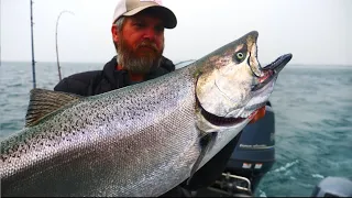 KING SALMON FISHING on Lake Michigan | Beach Camping CATCH AND COOK