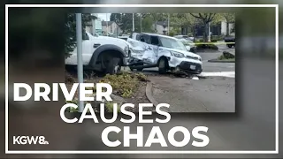 Driver slams work truck into multiple parked cars in Oregon City.