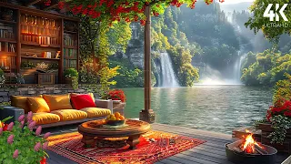 Cool Summer 4K - Peaceful with Waterfall Sounds & Birdsong Relaxing🌷Ambience by the Terrace Lakeside