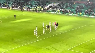 CELTIC FANS CELEBRATING WITH ANGE POSTECOGLOU AND PLAYERS AFTER BETTING HIBS 2-0