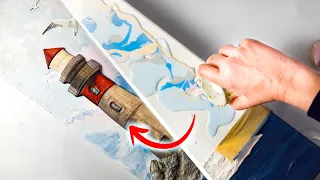 TEXTURED Lighthouse Art Using HOUSEHOLD Objects! - Go BEYOND Acrylic Pouring | AB Creative Tutorial