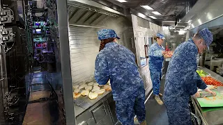 US Submarine Cooks Handle Rush Time Inside Narrow Kitchen Deep Underwater