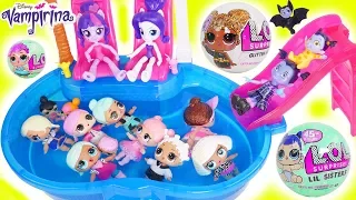LOL Surprise Dolls Lil Sisters at Barbie Pool find Glitter Surprises