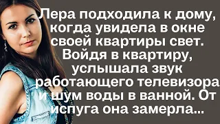 Девушка подходила к дому, когда увидела в окне своей квартиры свет. Войдя в квартиру, услышала звук