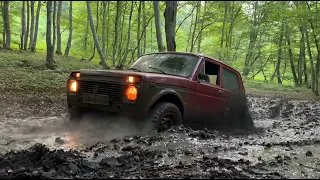 Lada Niva 4×4 offroad in the forest. Lada Niva 4×4 in the mud