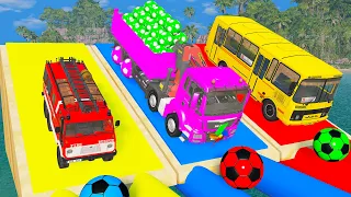 Flatbed Trailer Truck Rescue Bus - Cars vs Deep Water - Cars vs Rails and Trains - BeamNG Drive