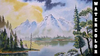 HOW TO PAINT A SKY,CLOUDS,MOUNTAINS,MISTY TREES,WATER AND REFLECTION IN WATERCOLOR....MOUNTAIN LAKE