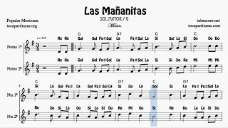 Las Mañanitas Partitura con Notas en SOL Dúo de Flautas Violín Oboe... 1ª y 2ª voz