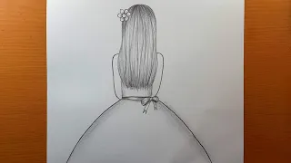 Garota de desenho fácil em vestido virado para trás | desenhar Garota com lápis