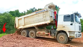 Filling Up By Bulldozer Pushing Soil Into Water With 12Wheel Dump Truck Moving Dirt komatsu Part26