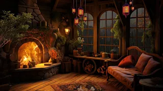 Autumn Cozy Cabin Ambience - Rain and Fireplace Sounds at Night for Sleeping, Reading, Relaxation