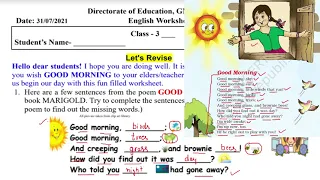 Class 3 Worksheet 35 || ENGLISH worksheet no.35 class 3rd || Poem GOOD MORNING || 31July2021 ||doe35