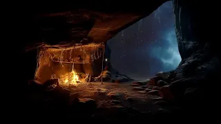 Dormirás sin esfuerzo en un ambiente de cueva con fogata con lluvia y truenos Perfecto para el relax