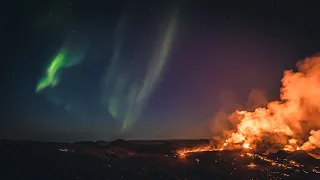 Northern Lights at the Icelandic Volcano - Aurora Borealis at the Eruption in Geldingadalur