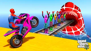 GTA 5 Crazy Ragdolls | SpiderMan with Super Bike on Rainbow SpiderMan Bridge - Spider Shark Jumps