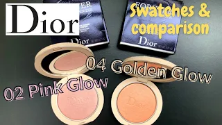 DIOR FOREVER COUTURE LUMINIZER 02 PINK GLOW 04 GOLDEN GLOW swatches & comparison