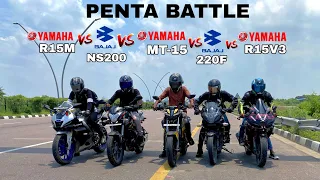 pulsar ns 200 bs7 vs pulsar 220f vs mt-15 bs4 vs r15v3 vs r15m | Penta battle 😱 | top end race