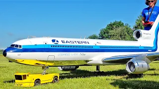 SELFBUILD XXXL RC AIRLINER L-1011 TRISTAR SCALE TURBINE MODEL WITH OWN RC TUG FLIGHT DEMONSTRATION