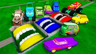 Giant Pit With Mouth VS HUGE & TINY PIXAR CARS! BeamNG Drive Battle!