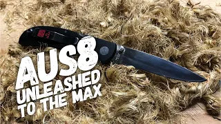 AUS 8 steel UNLEASHED and also TO THE MAX (edge retention)
