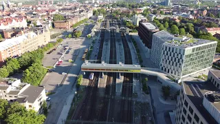 DRONE OVER LUND CENTRAL STATION - INCOMING TRAIN