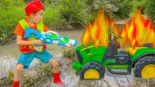 Damian and Darius PRETEND PLAY TRACTOR Fireman  rescue Fun Kids Story