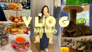 VLOG  l a day in my life birthday edition, cat cafe, high tea, matcha strawberry cake, movie,