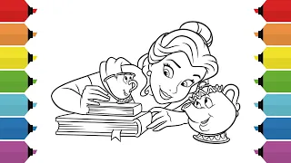 Coloring Disney Princess Belle and the Magic Tea Set Coloring Page | Beauty and the Beast