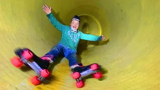 RIDING IN A TUBE ON ROLLERS !!