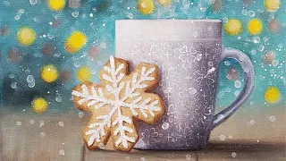 Mug with Christmas Cookie Acrylic Painting LIVE Tutorial