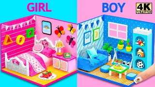 Make 2 Color Cardboard House with Pink Bedroom, Blue Room for Barbie Girl, Boy - DIY Miniature House