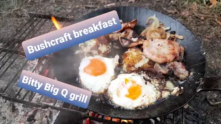 Campfire cooking. Bushcraft breakfast. Bitty Big Q grill. Outdoors. Wild camping Scotland. Outdoors.