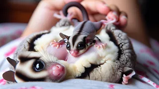 The twin sugar gliders were on their mother's belly, one kept moving and the other slept soundly!