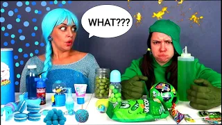 Superhero Candy GREEN VS BLUE FOOD  Challenge 빨대 음료수 챌린지  Mukbang LIKE TANYA