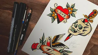 Painting TATTOO FLASH using Color Pencils [HOW TO]