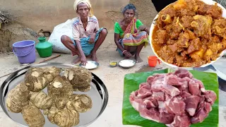 MUTTON CURRY with kachu cooking by rural grandma & grandpa their traditional method || village life