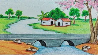 How to draw easy and simple village scenery near river//Spring season village scenery drawing
