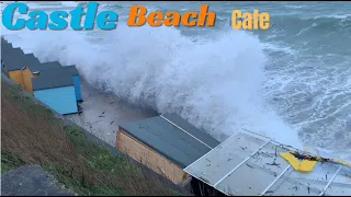 Storms Cornwall. Falmouth storms 2024 Storm Kathleen hits Castle beach cafe in Falmouth Cornwall.