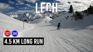 4.5 km long run via red 227 and blue 200 pistes in Lech St Anton Ski Arlberg (UltraHD 4K)