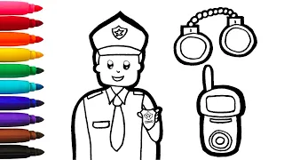 Drawing and Coloring a Police Officer with Accessories | Drawings for Kids