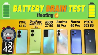 VIVO T2 5G vs iQOO Z7 vs OnePlus Nord CE 3 Lite vs MOTO G73 vs Narzo 50 Pro vs 10 Pro: Battery Drain